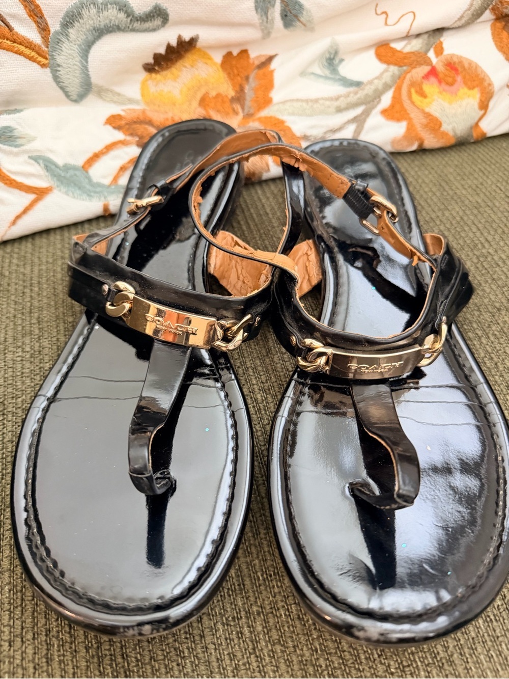 Coach Patent Leather Black T-Strap Sandals with Gold Accent 9.5